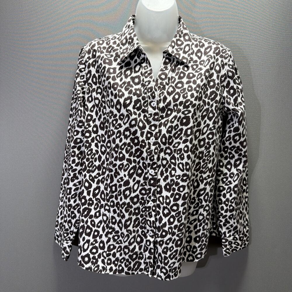 Chico’s size 2/L Black white animal print button front long sleeve blouse